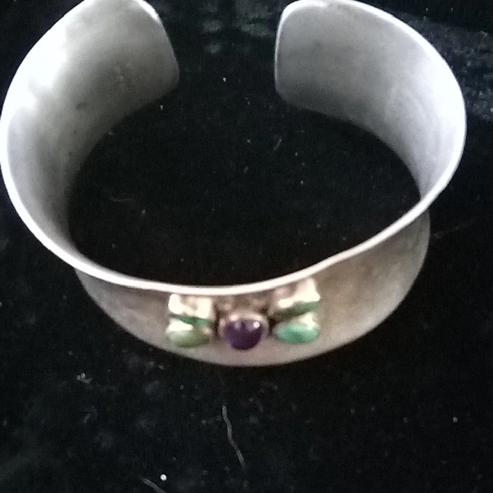 Sterling Silver Cuff Bracelet with Green Turquoise and Purple Amethyst - Picture 2 of 2